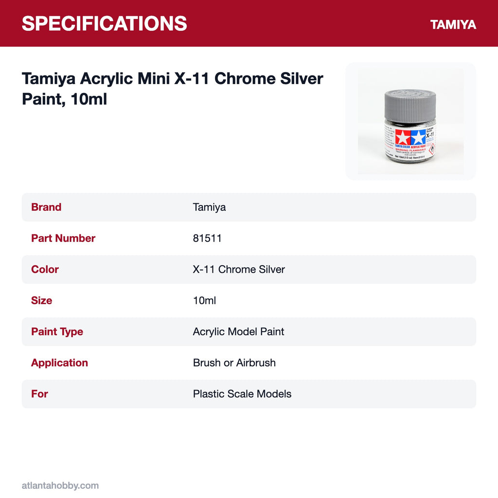 Tamiya Acrylic Mini X-11 Chrome Silver Paint, 10ml specifications
