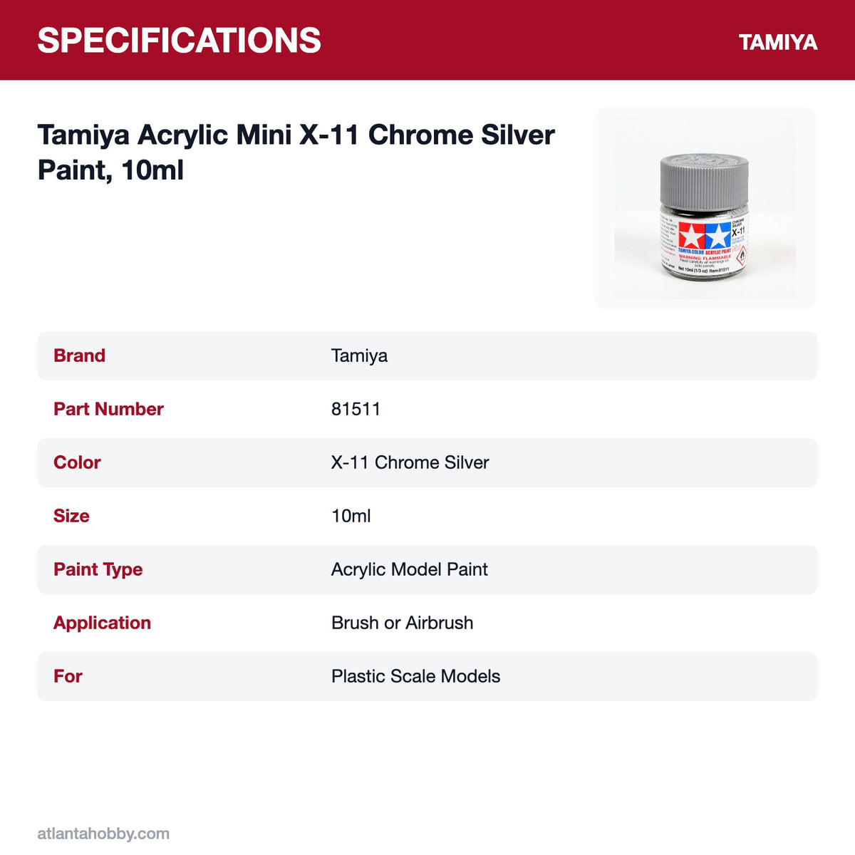 Tamiya Acrylic Mini X-11 Chrome Silver Paint, 10ml specifications