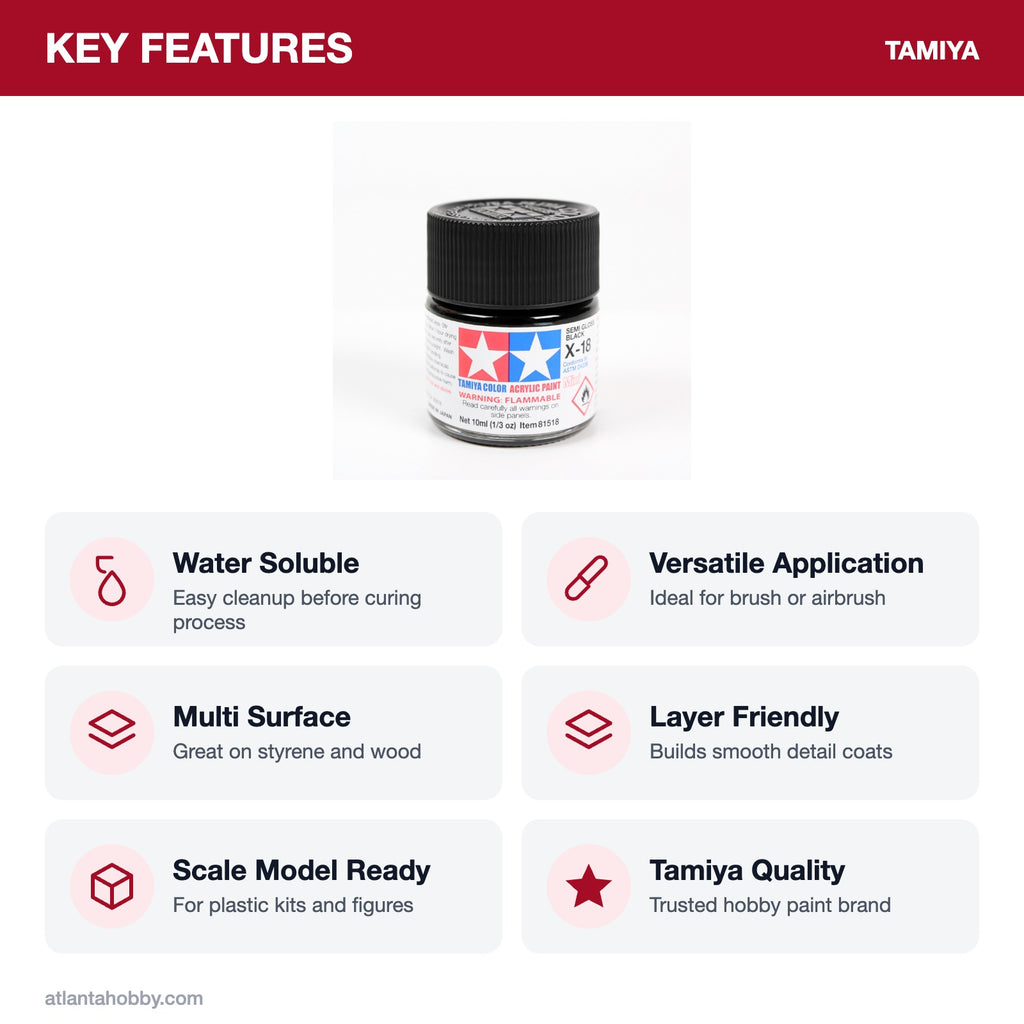 Tamiya Acrylic Mini X-18 Semi Gloss Black Paint, 10ml key features