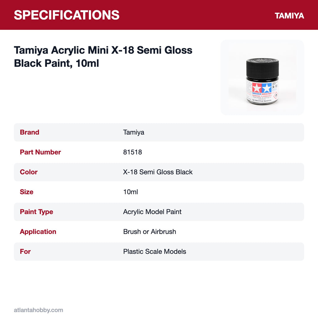 Tamiya Acrylic Mini X-18 Semi Gloss Black Paint, 10ml specifications