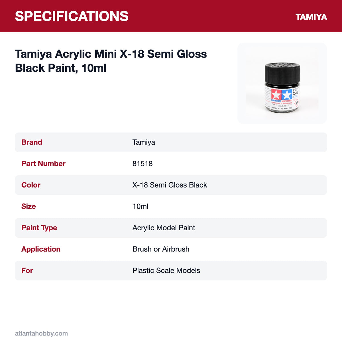 Tamiya Acrylic Mini X-18 Semi Gloss Black Paint, 10ml specifications