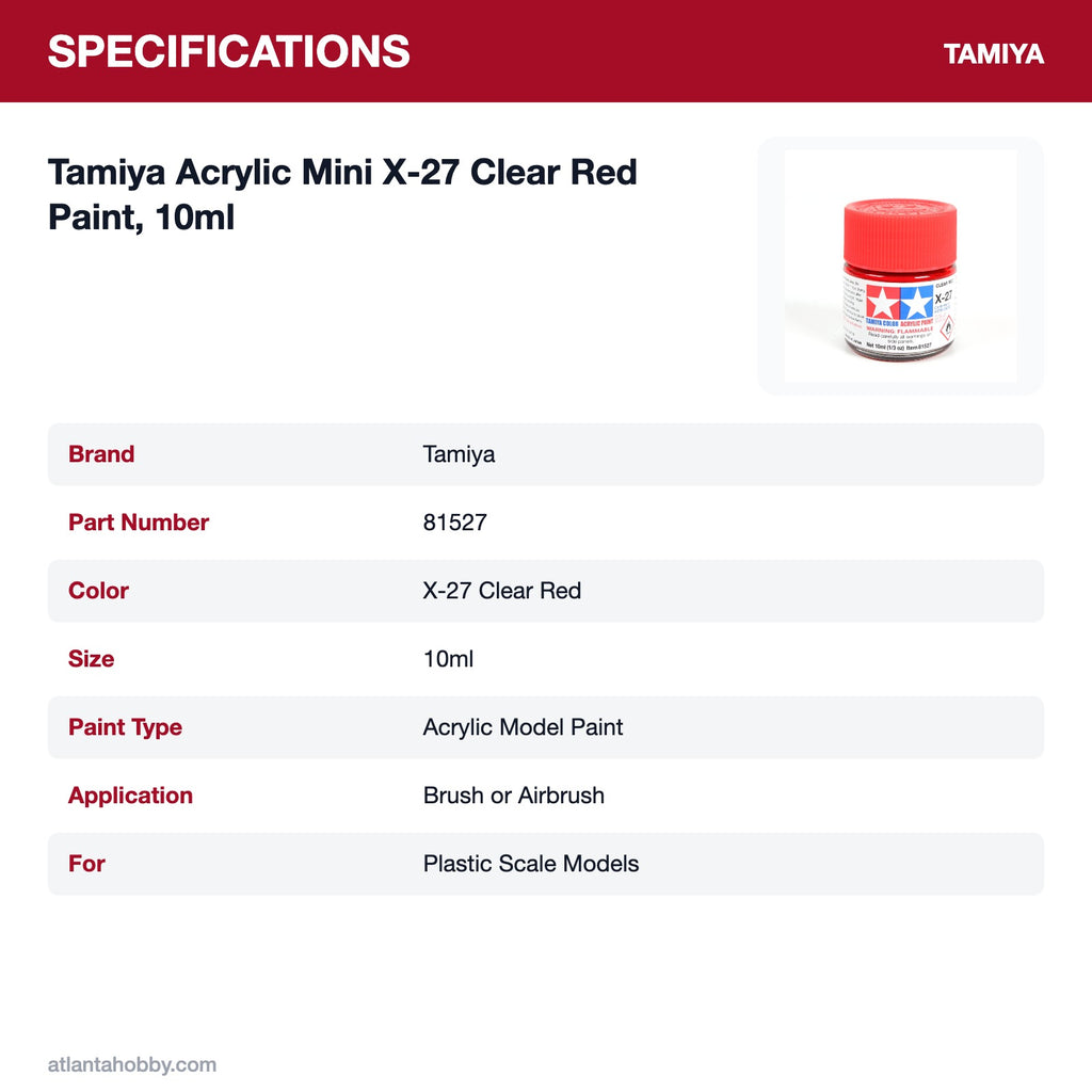 Tamiya Acrylic Mini X-27 Clear Red Paint, 10ml specifications