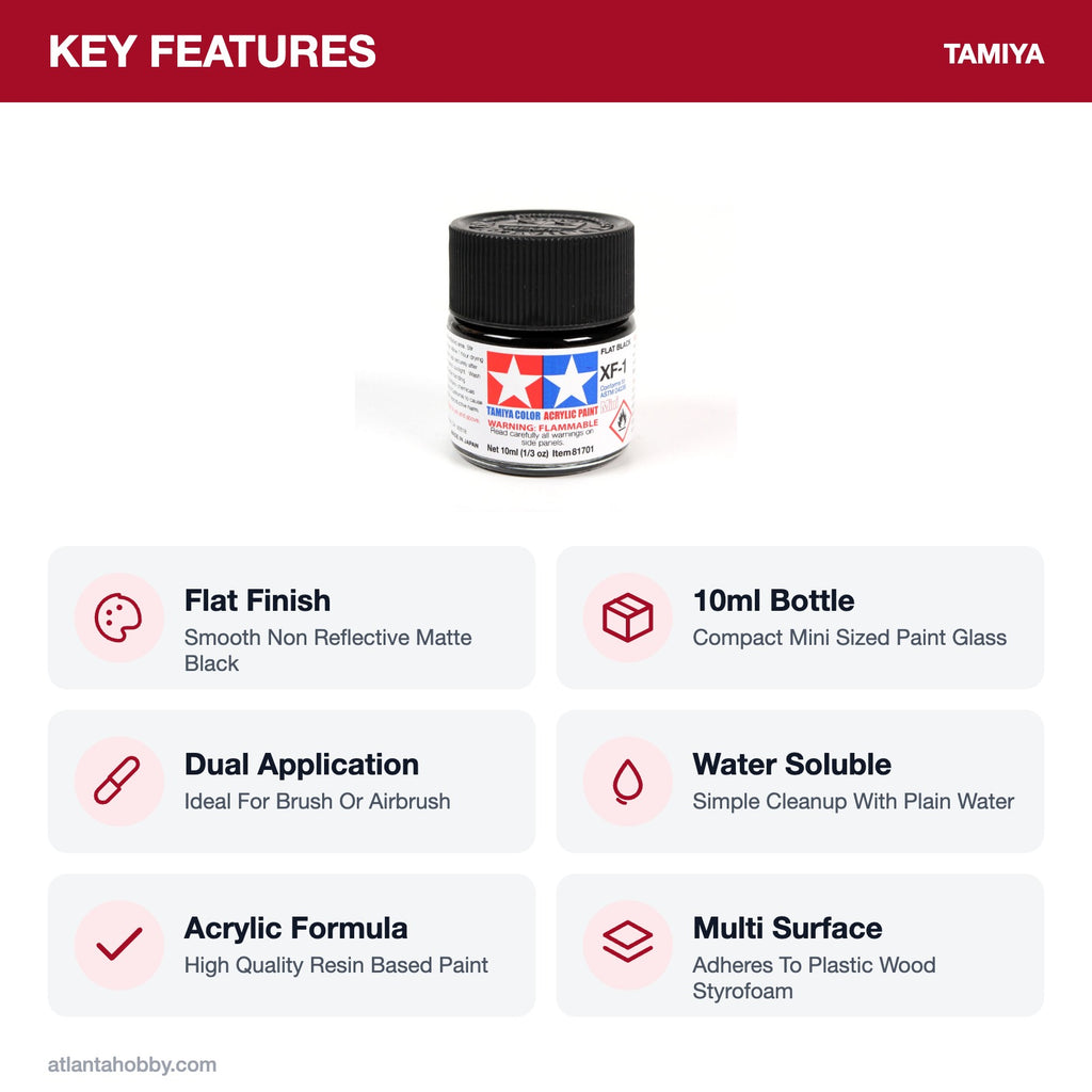 Tamiya Acrylic Mini XF-1 Flat Black Paint, 10ml key features