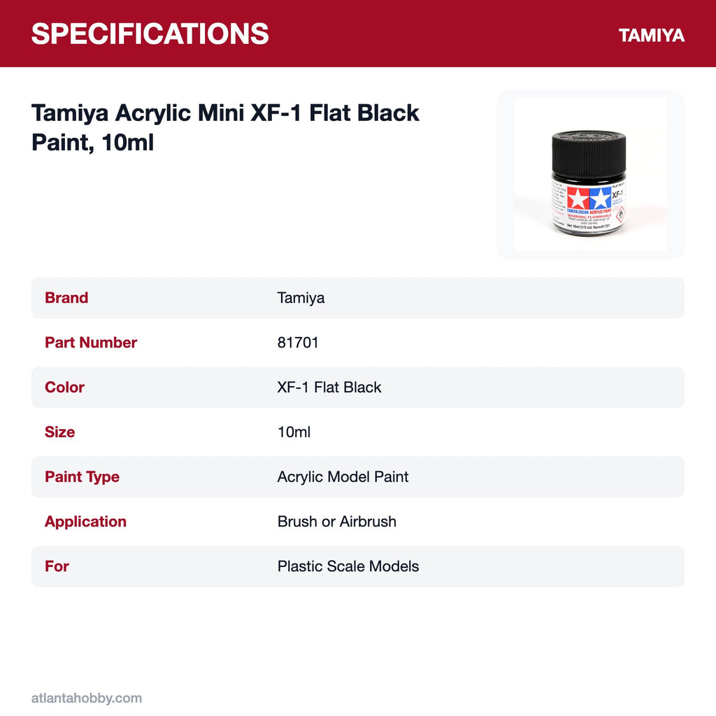 Tamiya Acrylic Mini XF-1 Flat Black Paint, 10ml specifications