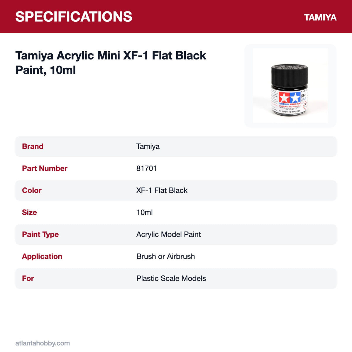 Tamiya Acrylic Mini XF-1 Flat Black Paint, 10ml specifications