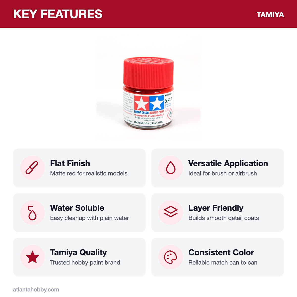 Tamiya Acrylic Mini XF-7 Flat Red Paint, 10ml key features