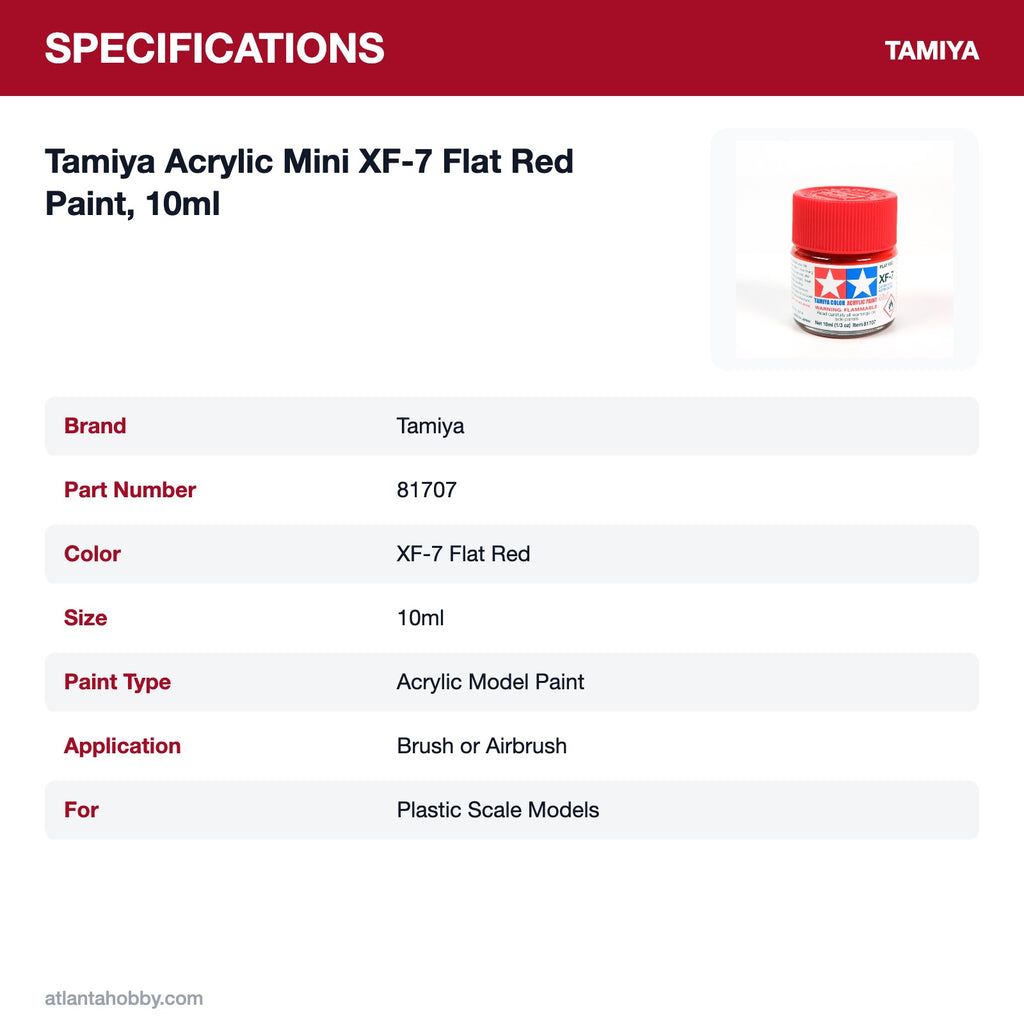 Tamiya Acrylic Mini XF-7 Flat Red Paint, 10ml specifications