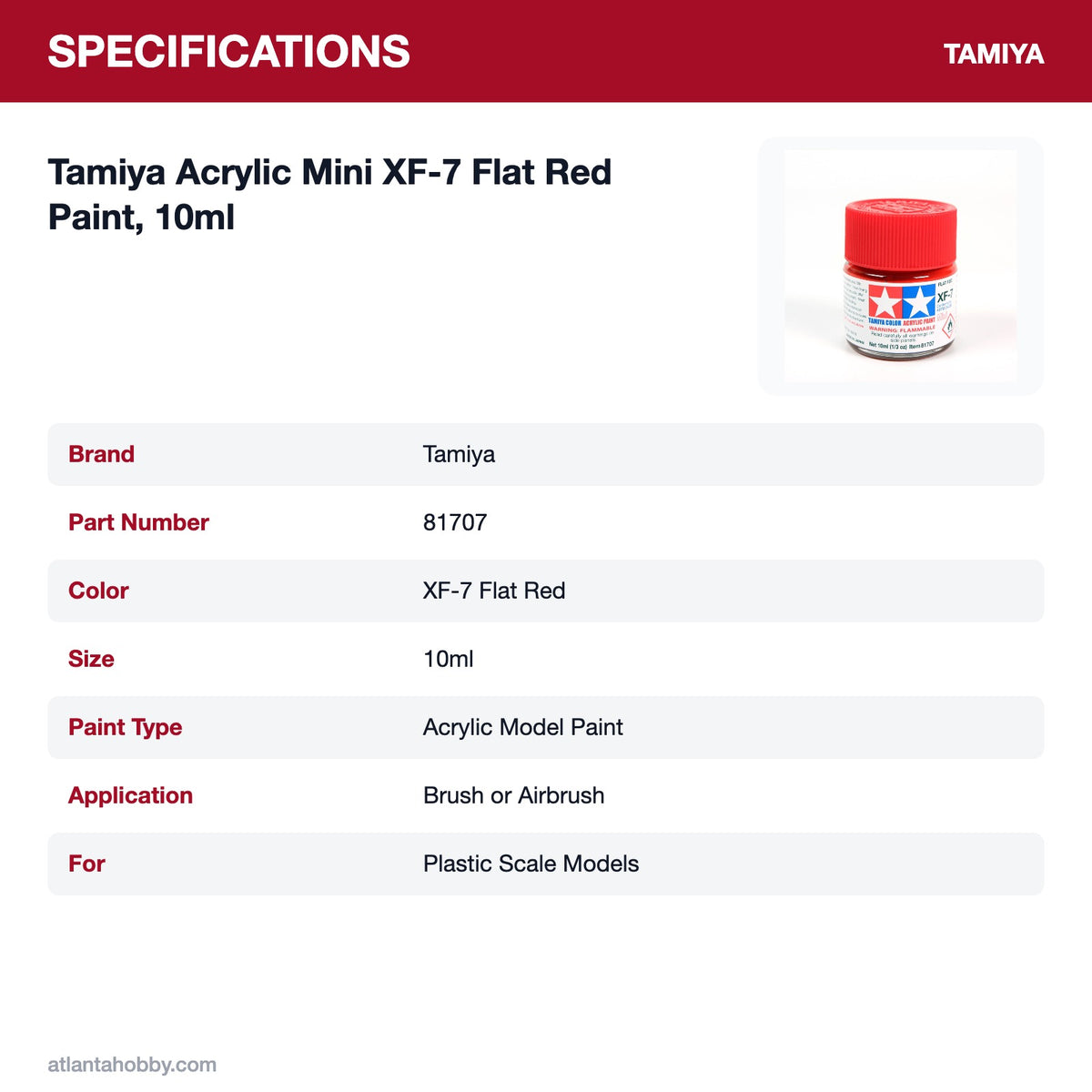 Tamiya Acrylic Mini XF-7 Flat Red Paint, 10ml specifications
