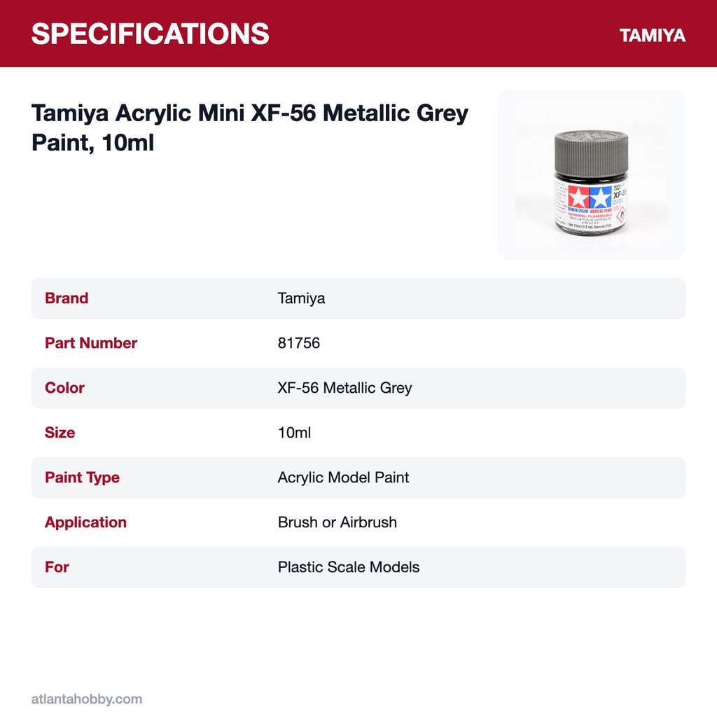 Tamiya Acrylic Mini XF-56 Metallic Grey Paint, 10ml specifications
