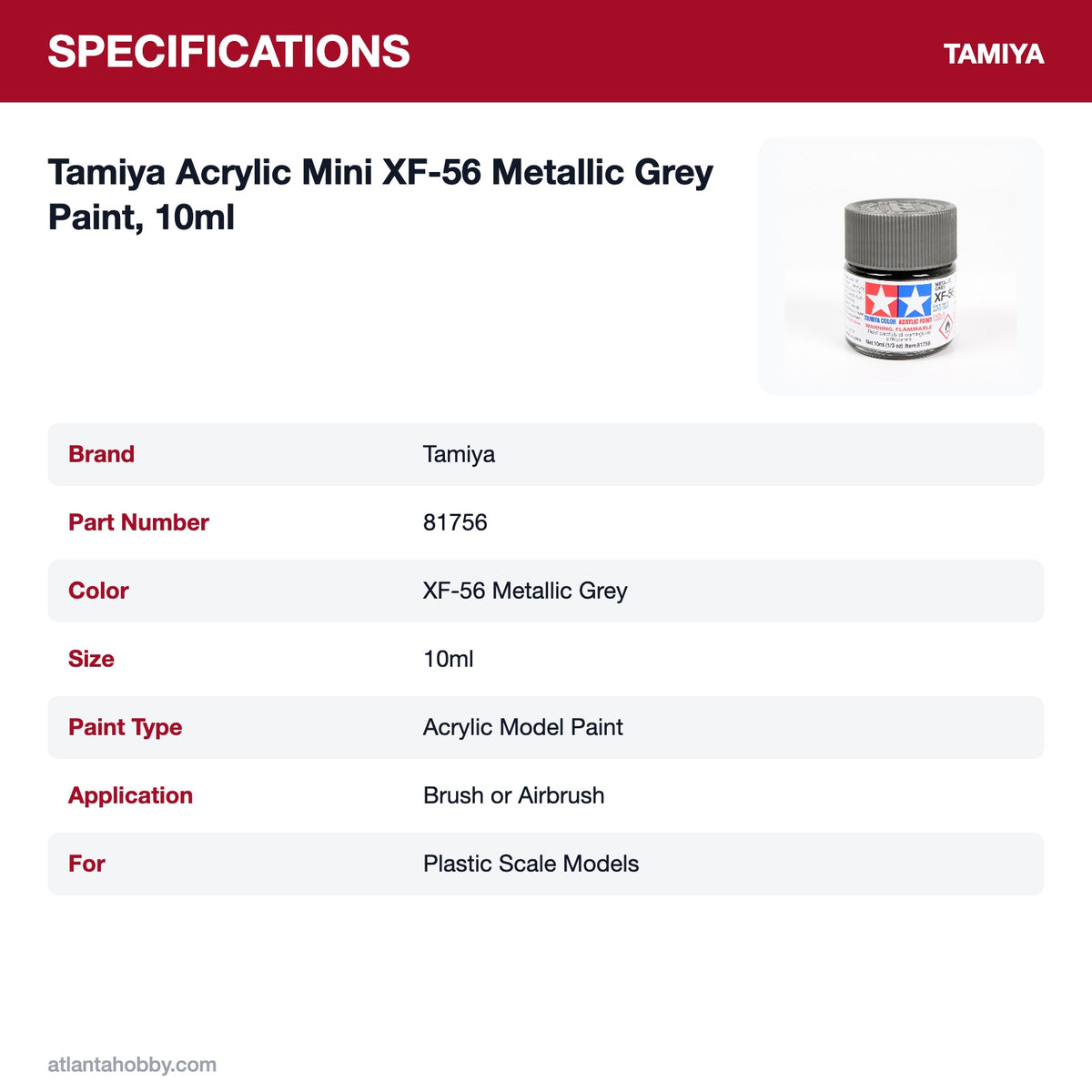 Tamiya Acrylic Mini XF-56 Metallic Grey Paint, 10ml specifications