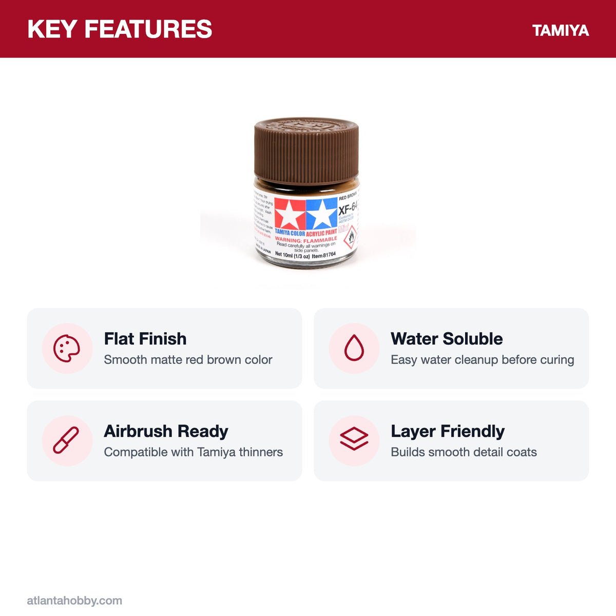 Tamiya Acrylic Mini XF-64 Red Brown Paint, 10ml key features