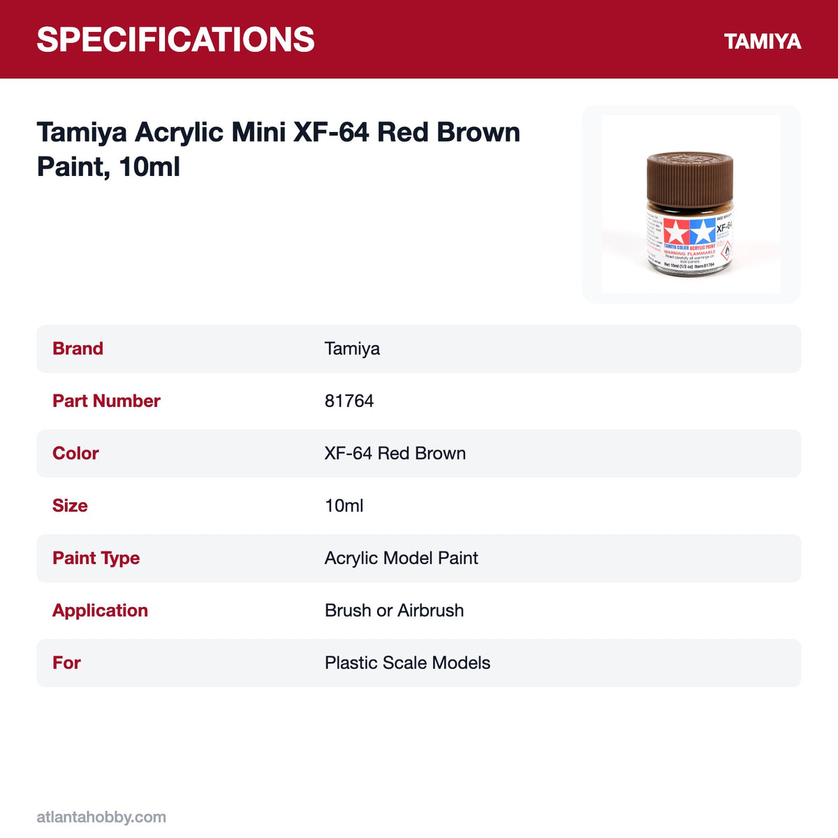 Tamiya Acrylic Mini XF-64 Red Brown Paint, 10ml specifications