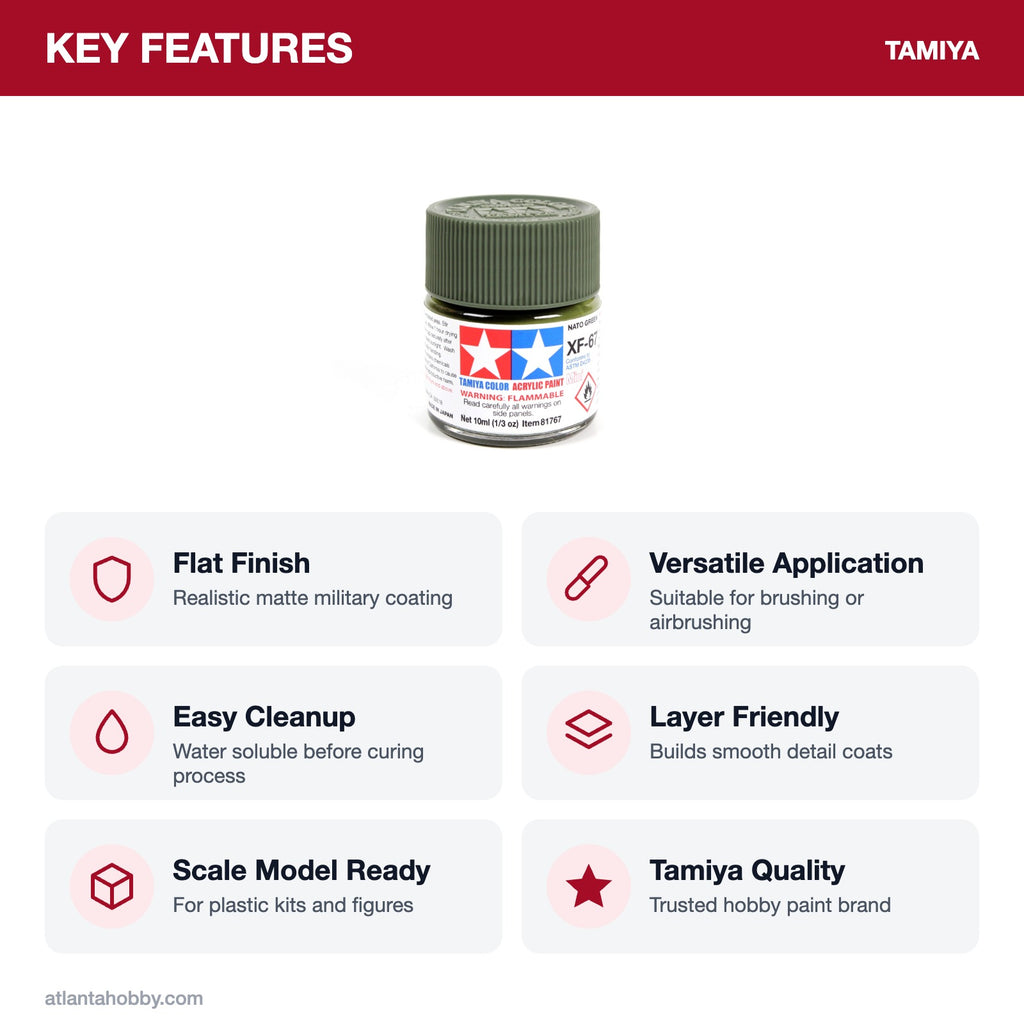 Tamiya Acrylic Mini XF-67 NATO Green Paint, 10ml key features