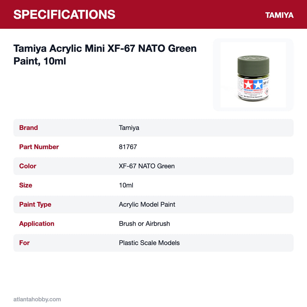 Tamiya Acrylic Mini XF-67 NATO Green Paint, 10ml specifications