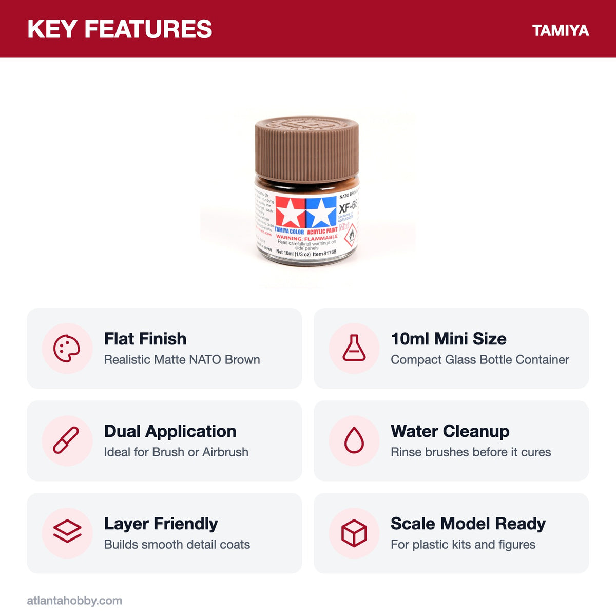 Tamiya Acrylic Mini XF-68 NATO Brown Paint, 10ml key features
