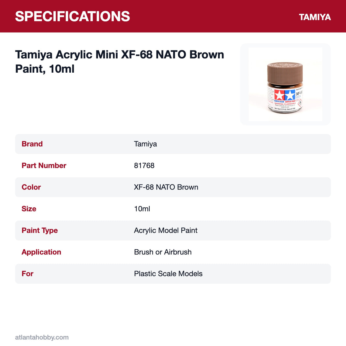 Tamiya Acrylic Mini XF-68 NATO Brown Paint, 10ml specifications