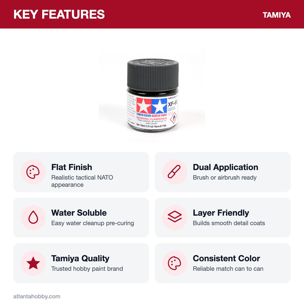Tamiya Acrylic Mini XF-69 NATO Black Paint, 10ml key features