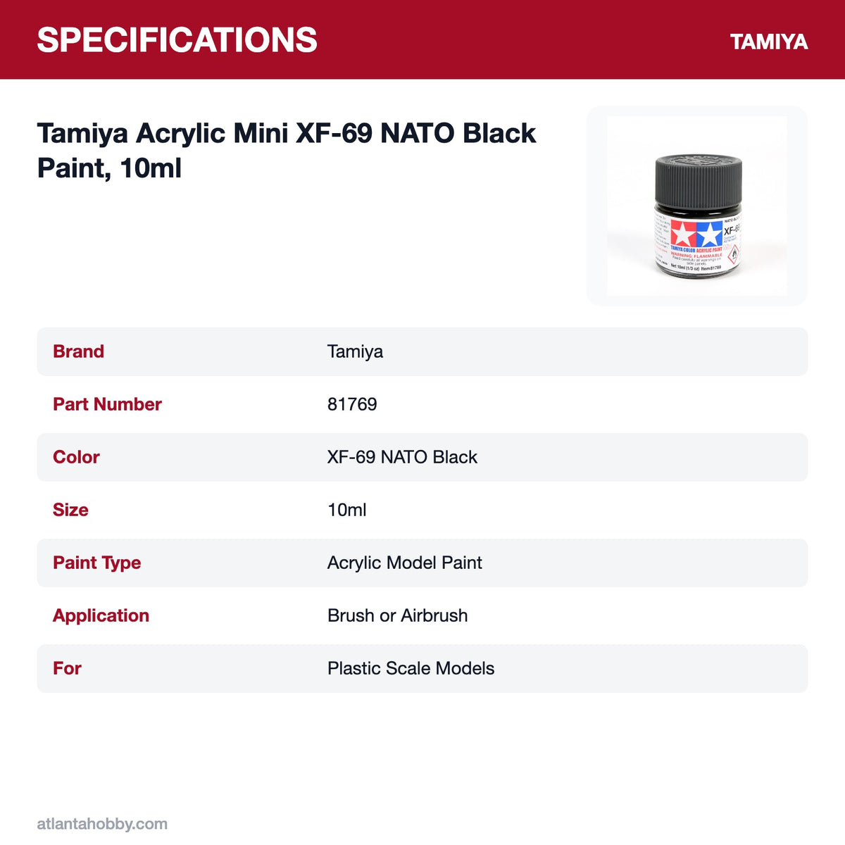 Tamiya Acrylic Mini XF-69 NATO Black Paint, 10ml specifications