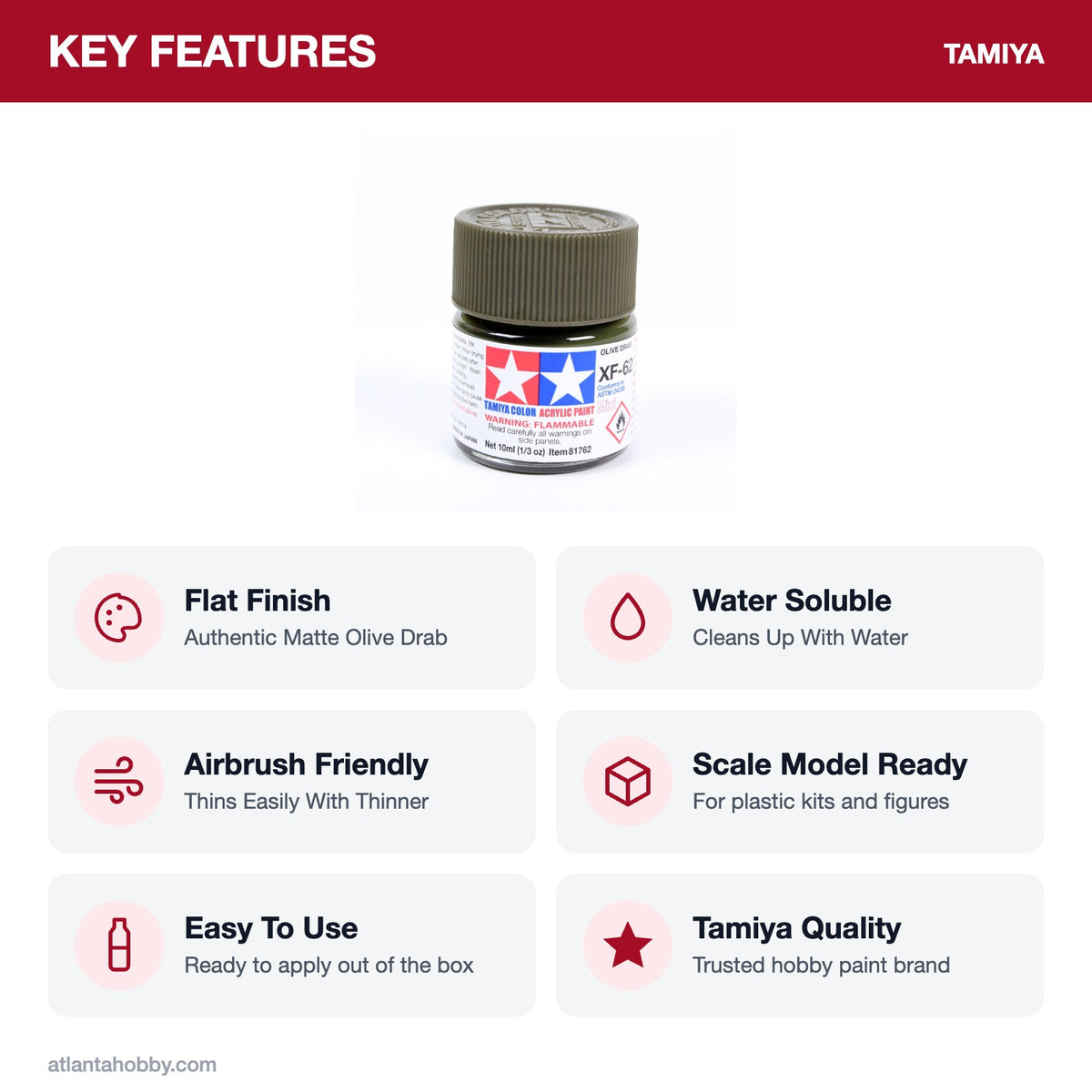 Tamiya Acrylic Mini XF-62 Olive Drab Paint, 10ml key features