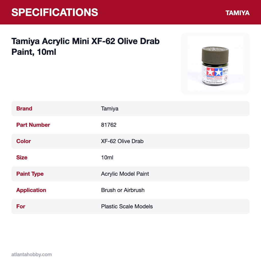 Tamiya Acrylic Mini XF-62 Olive Drab Paint, 10ml specifications