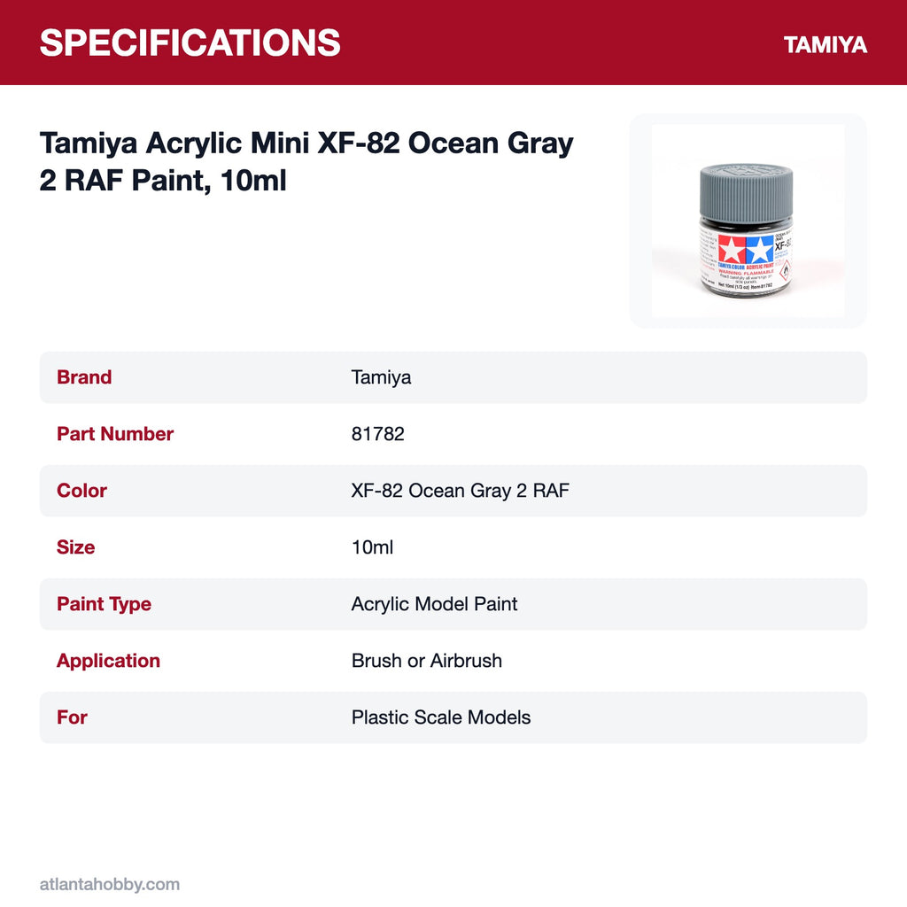 Tamiya Acrylic Mini XF-82 Ocean Gray 2 RAF Paint, 10ml specifications