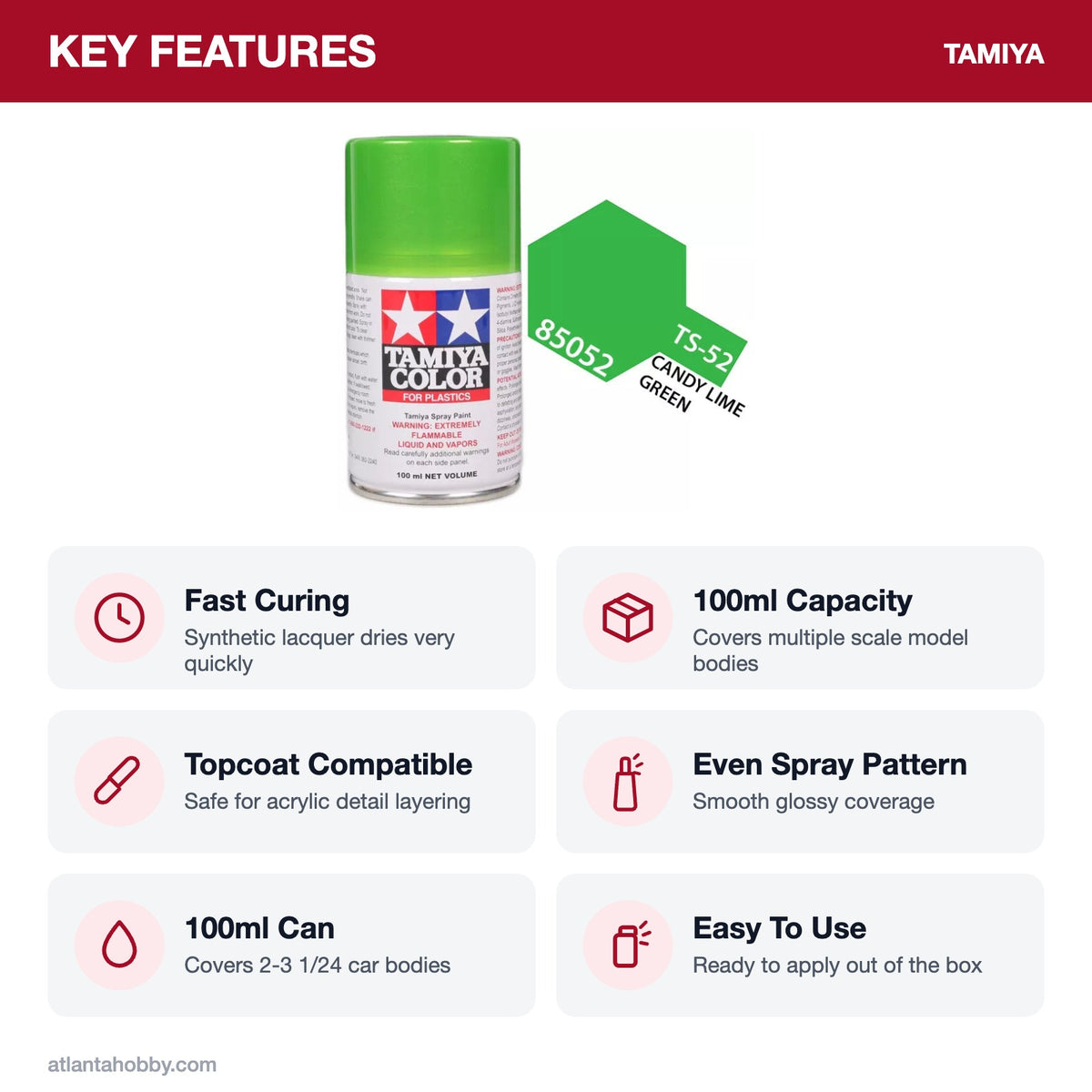 Tamiya TS-52 CandyLime Green Lacquer Spray Paint, 100ml key features
