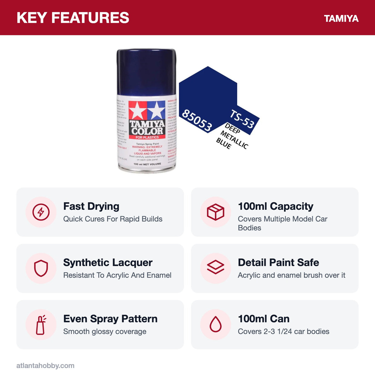 Tamiya TS-53 Deep Metallic Blue Lacquer Spray Paint, 100ml key features