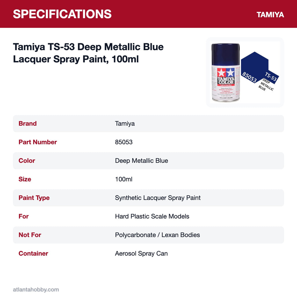Tamiya TS-53 Deep Metallic Blue Lacquer Spray Paint, 100ml specifications