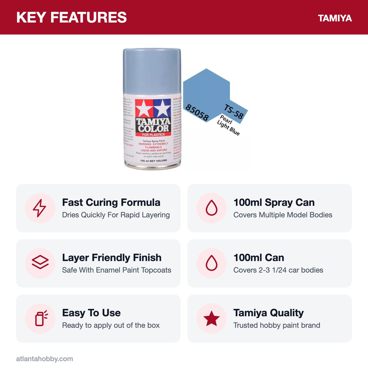Tamiya TS-58 Light Pearl Blue Lacquer Spray Paint, 100ml key features