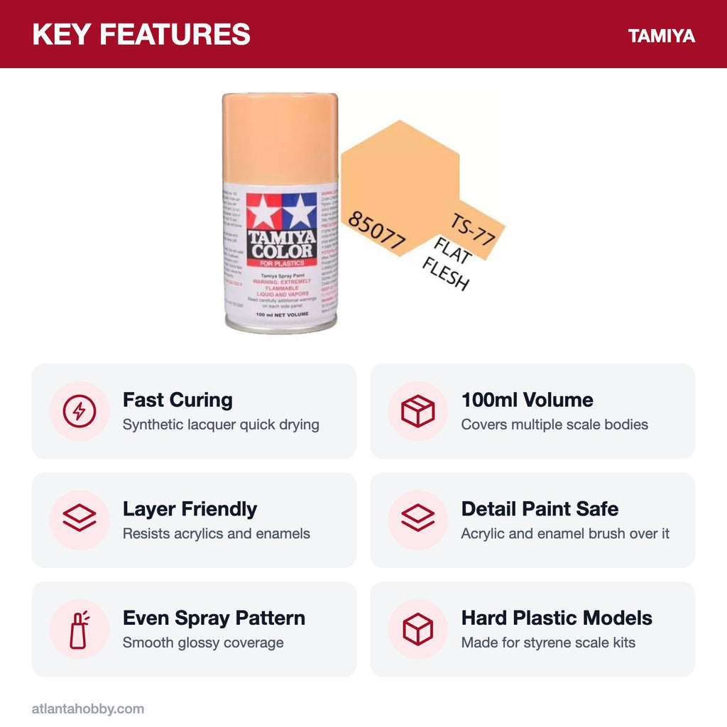 Tamiya TS-77 Flat Flesh 2 Lacquer Spray Paint, 100ml key features