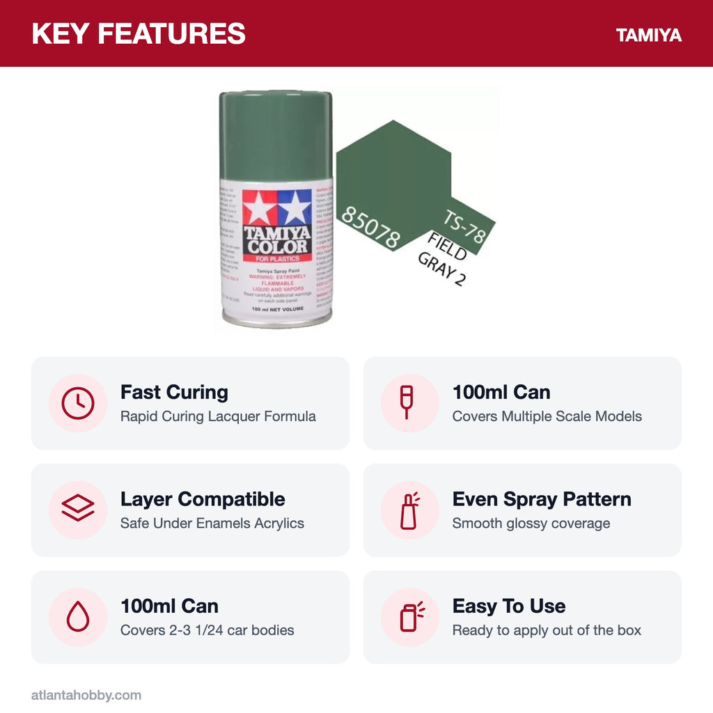 Tamiya TS-78 Field Gray 2 Lacquer Spray Paint, 100ml key features