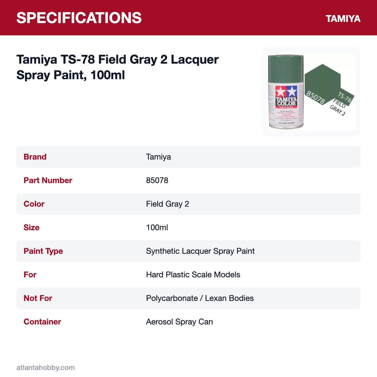 Tamiya TS-78 Field Gray 2 Lacquer Spray Paint, 100ml specifications