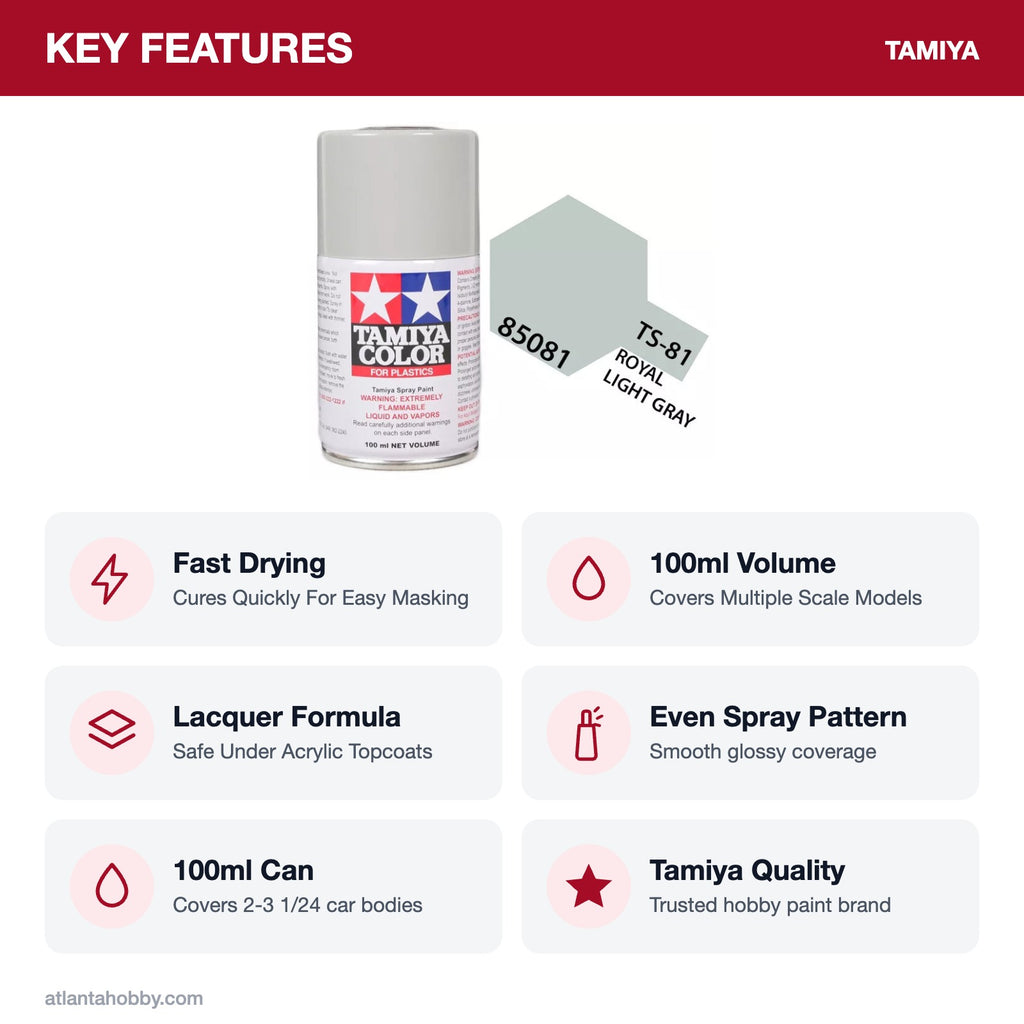 Tamiya TS-81 Royal Light Gray Lacquer Spray Paint, 100ml key features