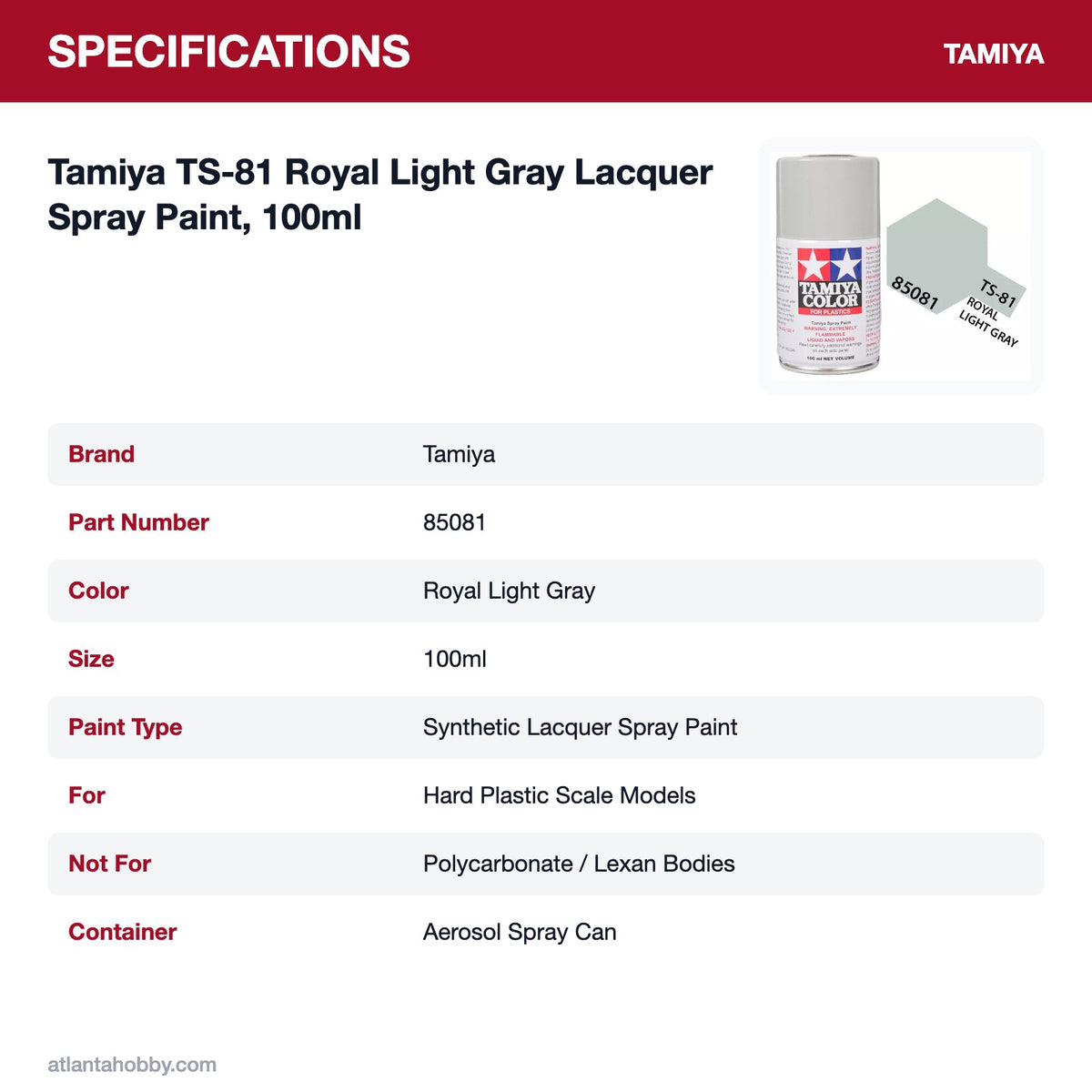 Tamiya TS-81 Royal Light Gray Lacquer Spray Paint, 100ml specifications