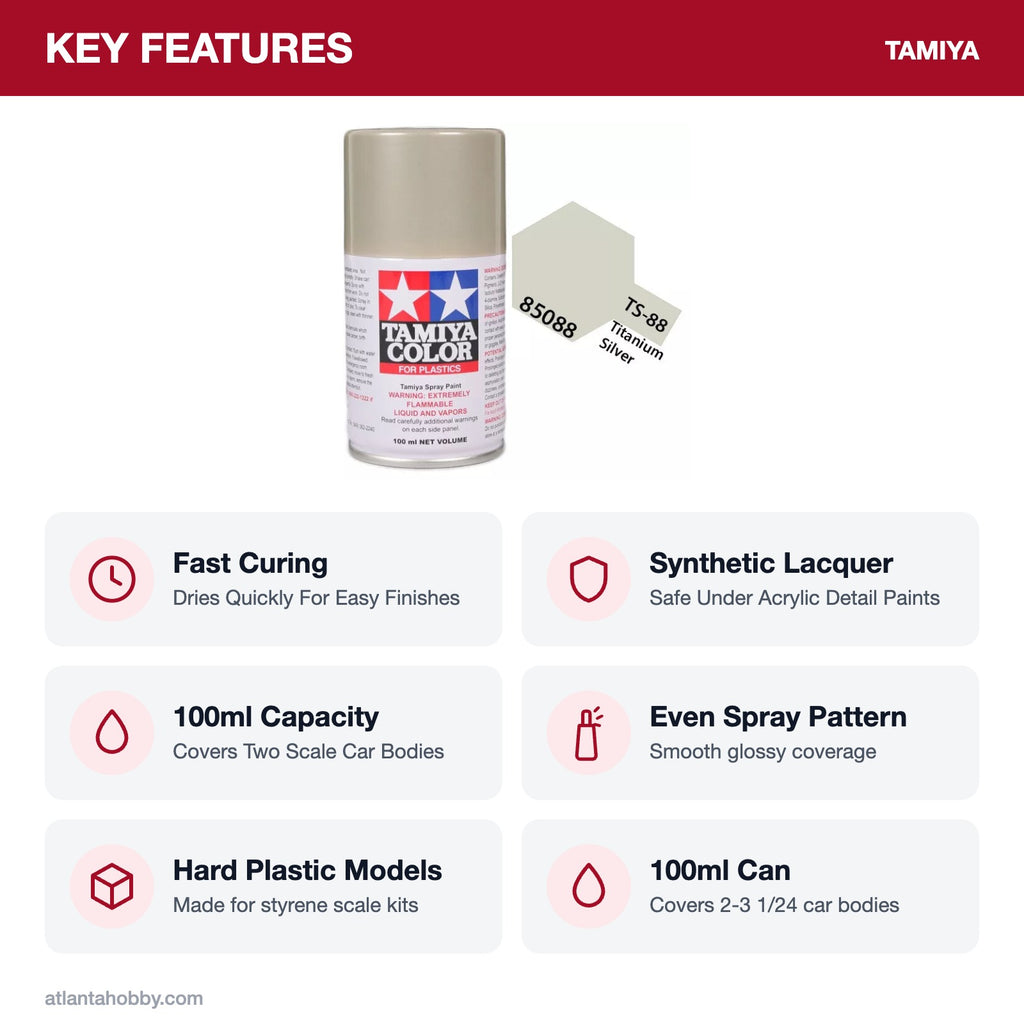 Tamiya TS-88 Titanium Silver Lacquer Spray Paint, 100ml key features