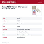 Tamiya TS-88 Titanium Silver Lacquer Spray Paint, 100ml specifications