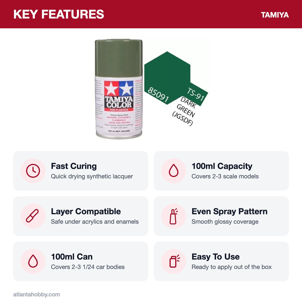 Tamiya TS-91 Dark Green (JGSDF) Lacquer Spray Paint, 100ml key features