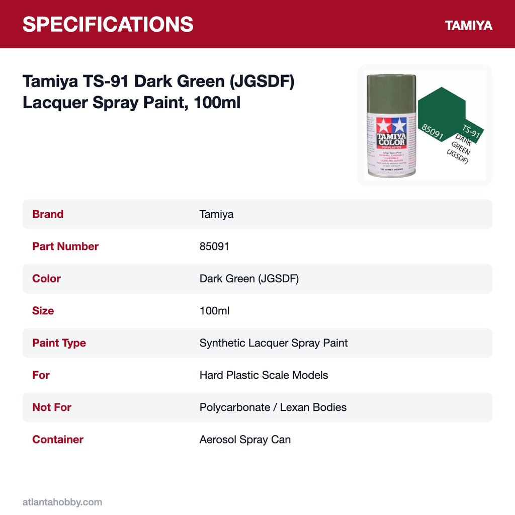Tamiya TS-91 Dark Green (JGSDF) Lacquer Spray Paint, 100ml specifications