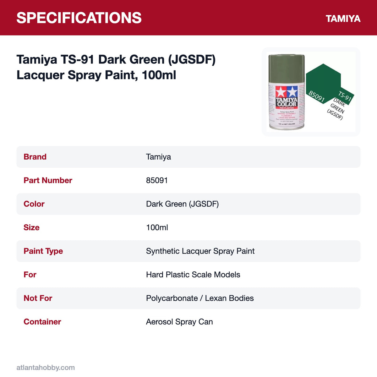 Tamiya TS-91 Dark Green (JGSDF) Lacquer Spray Paint, 100ml specifications