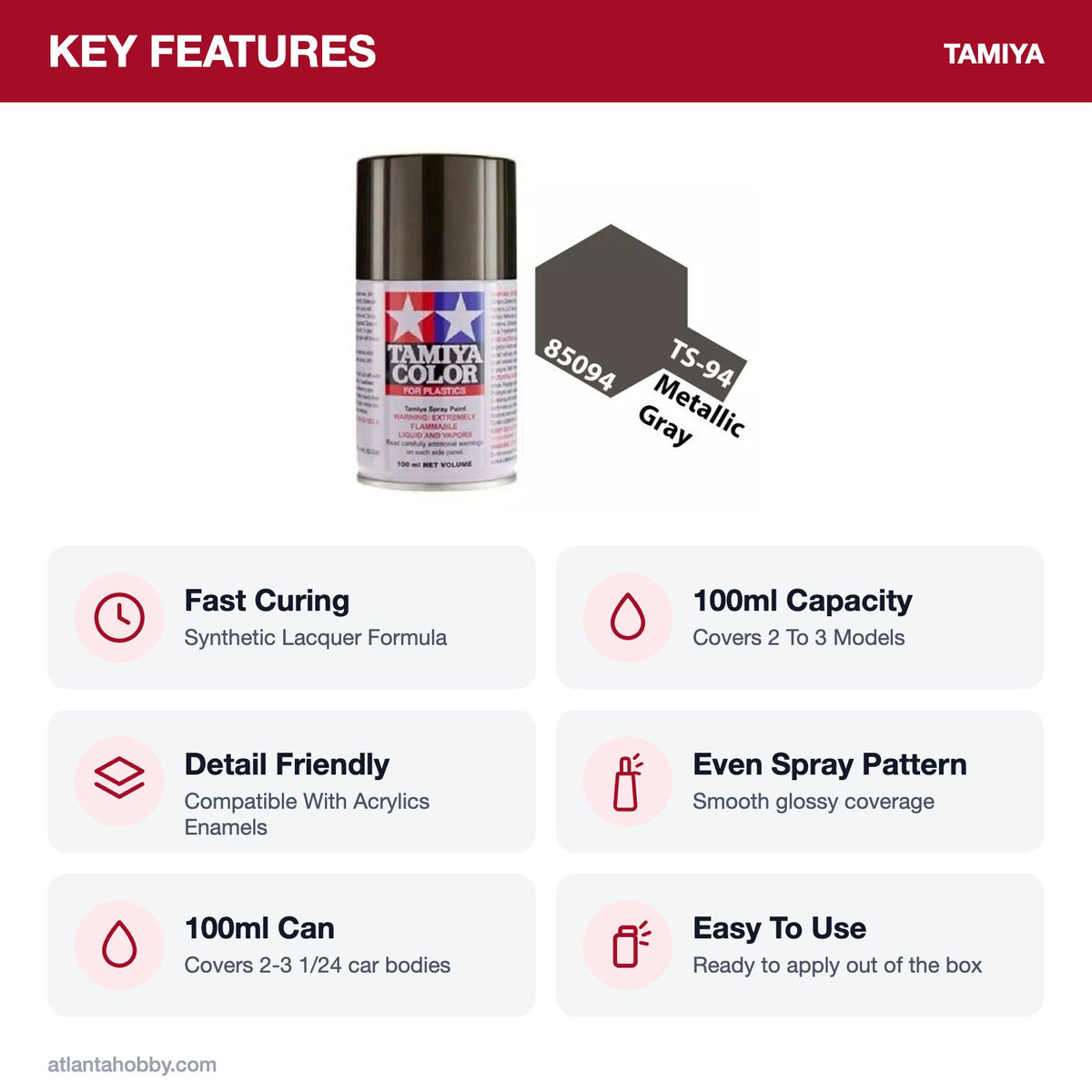 Tamiya TS-94 Metallic Gray Lacquer Spray Paint, 100ml key features