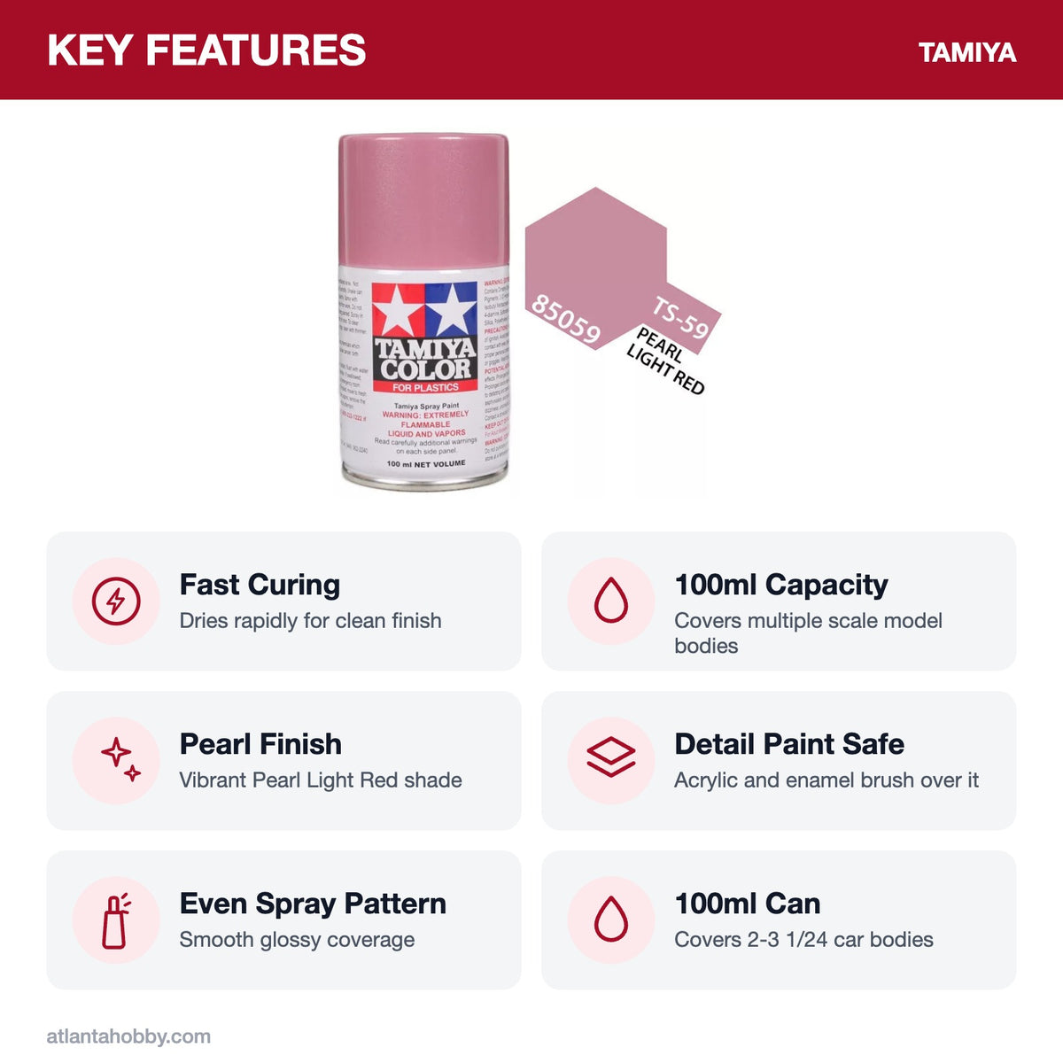 Tamiya TS-59 Light Pearl Red Lacquer Spray Paint, 100ml key features