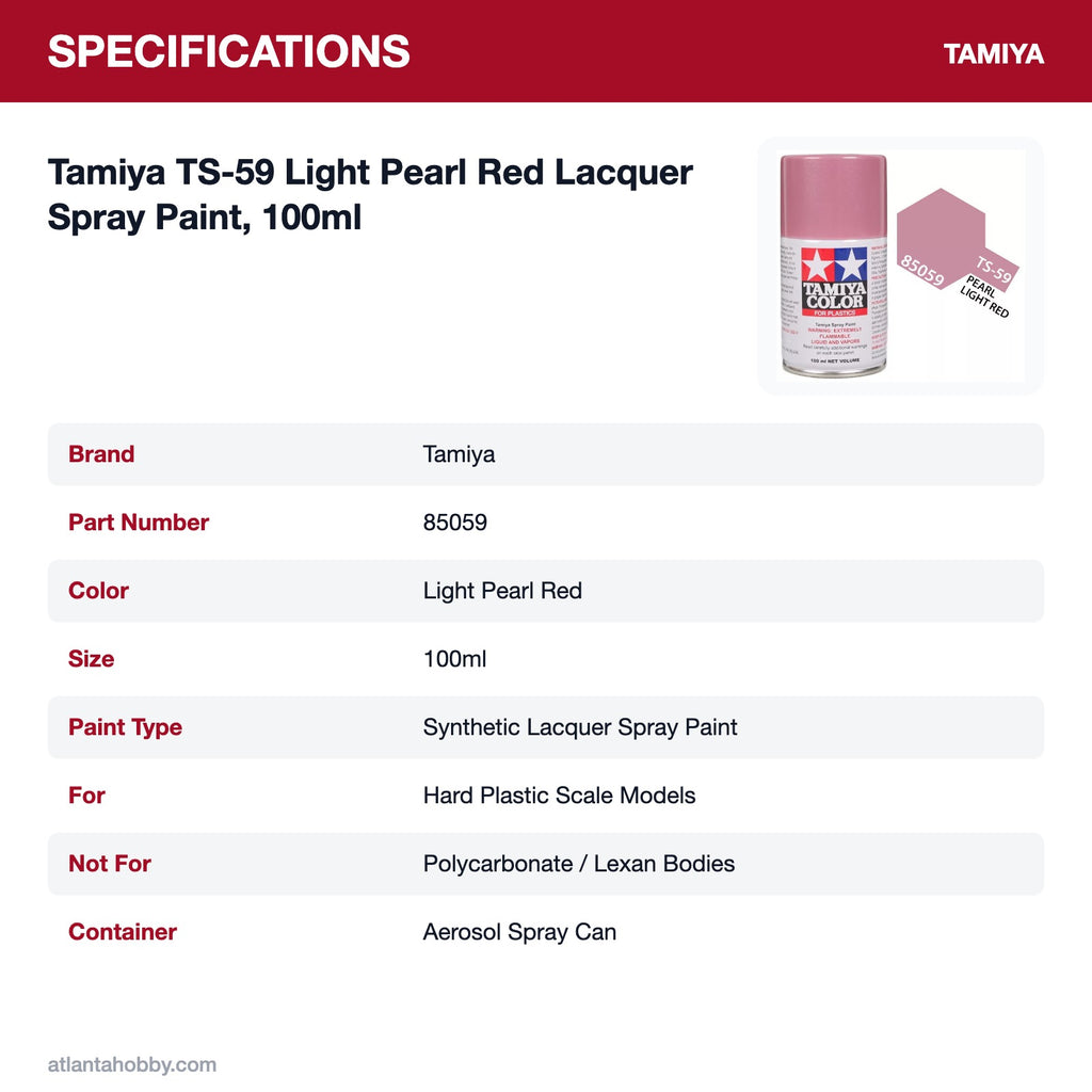 Tamiya TS-59 Light Pearl Red Lacquer Spray Paint, 100ml specifications