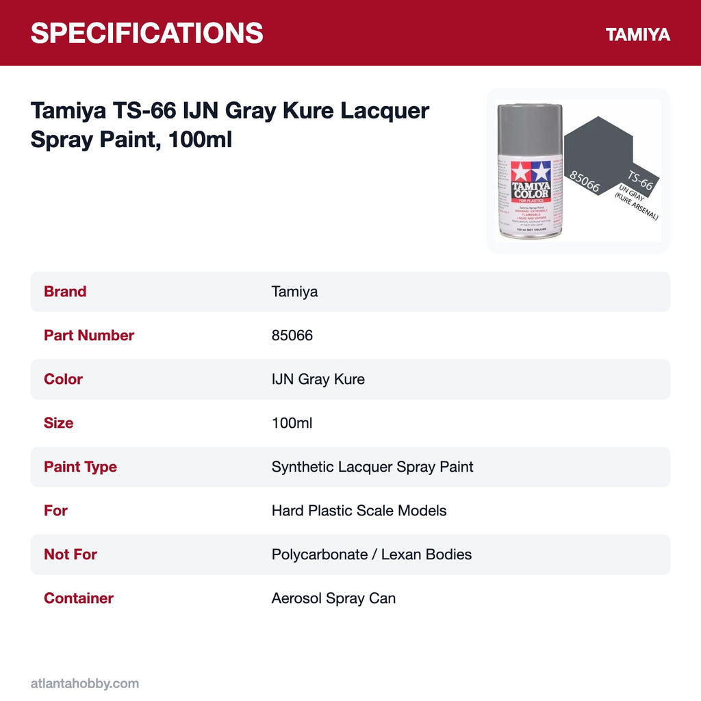 Tamiya TS-66 IJN Gray Kure Lacquer Spray Paint, 100ml specifications