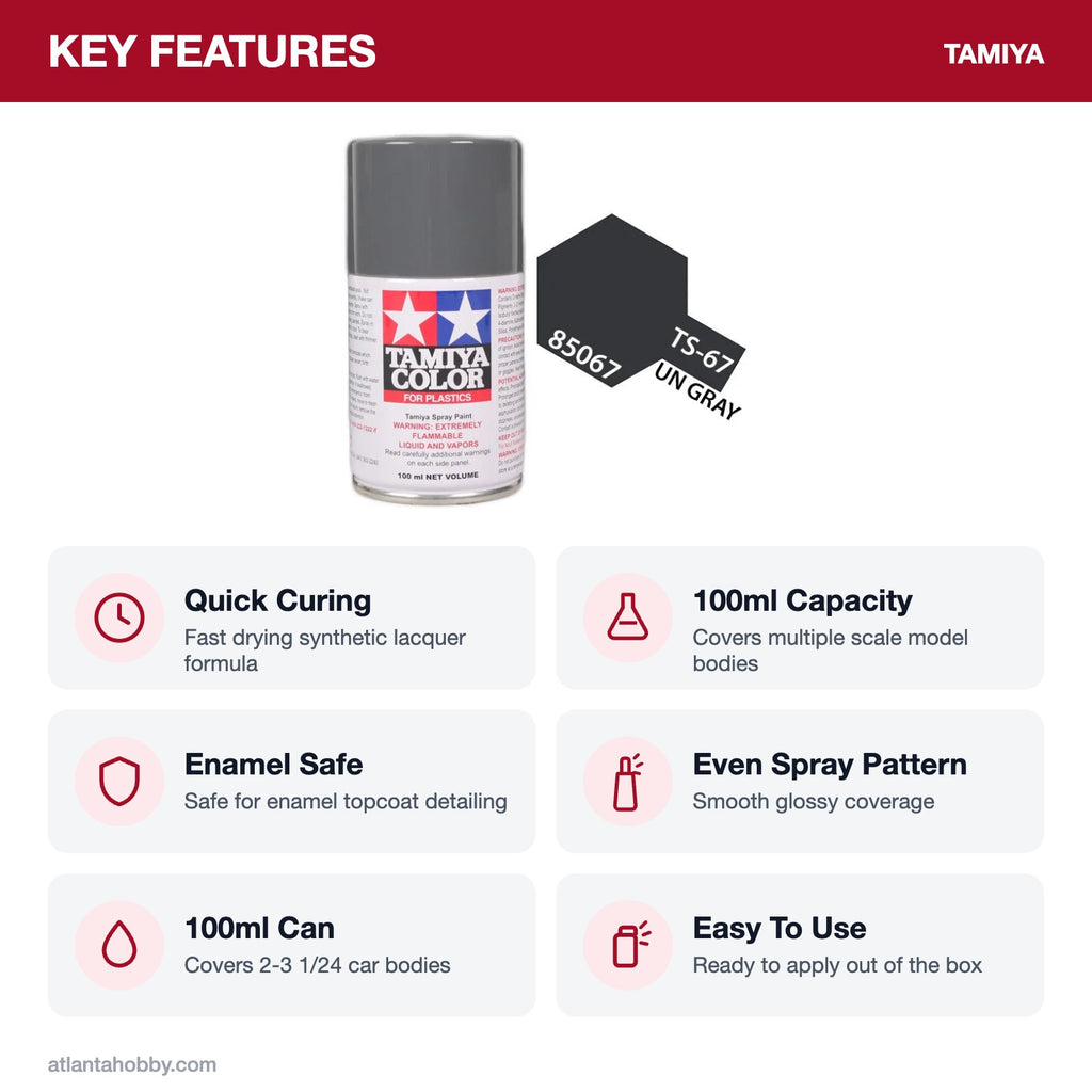 Tamiya TS-67 IJN Gray Sasebo Lacquer Spray Paint, 100ml key features