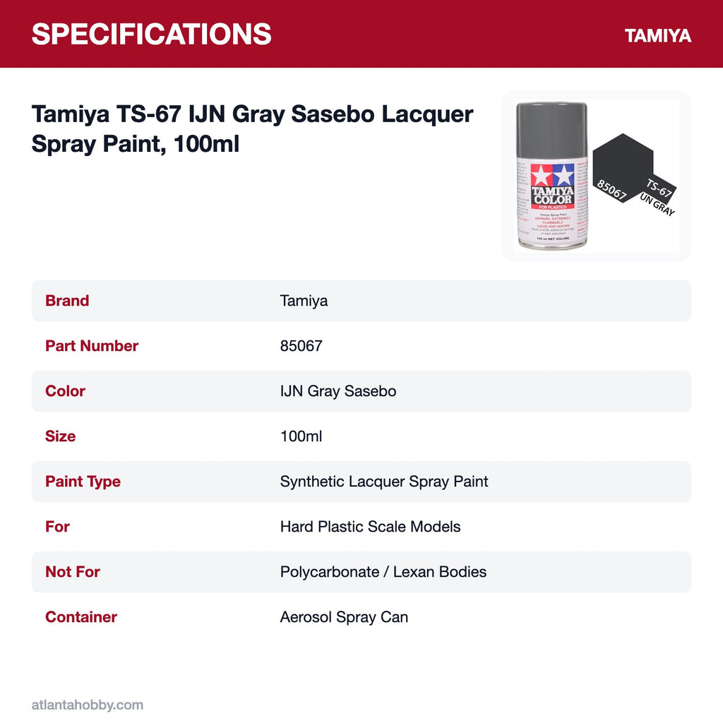 Tamiya TS-67 IJN Gray Sasebo Lacquer Spray Paint, 100ml specifications