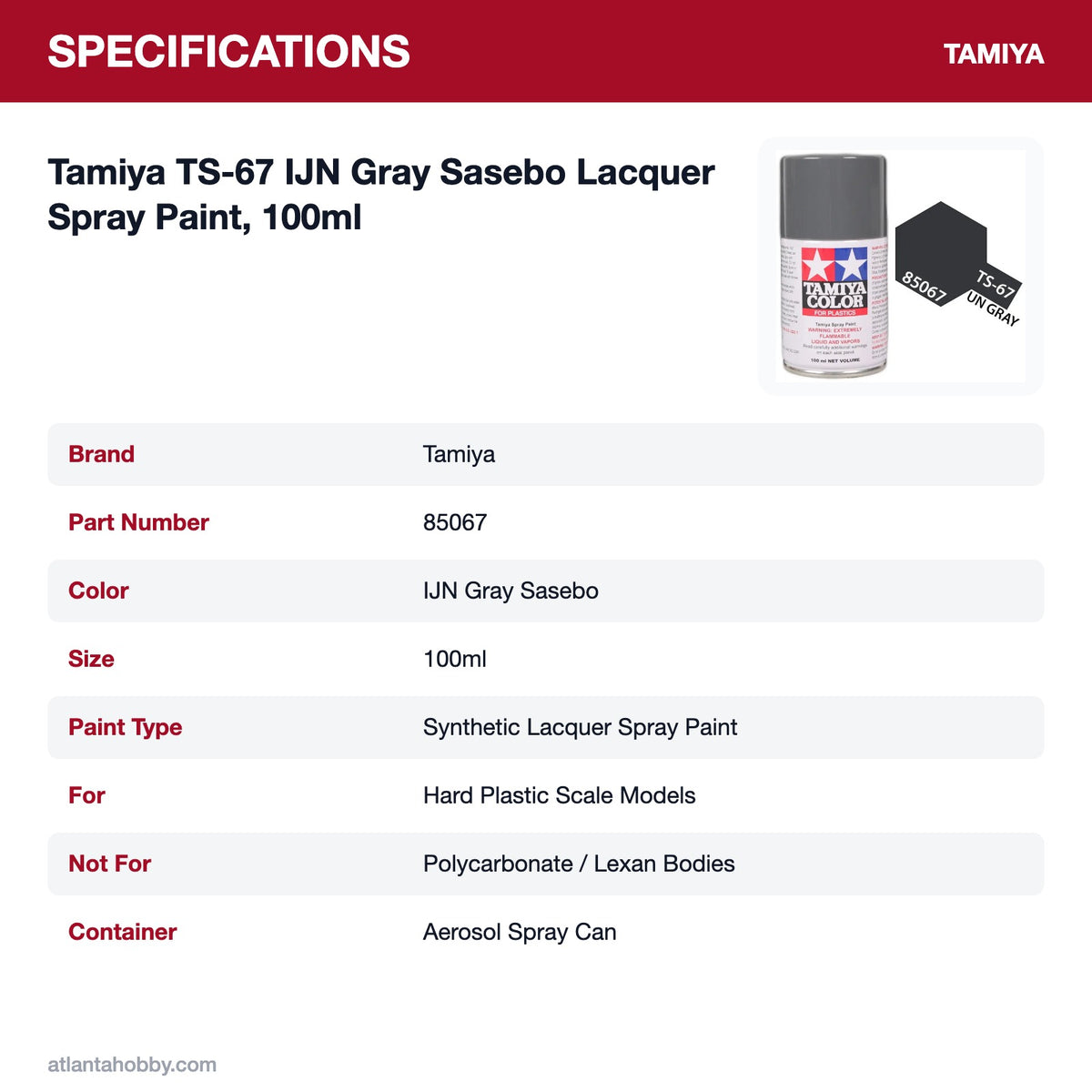 Tamiya TS-67 IJN Gray Sasebo Lacquer Spray Paint, 100ml specifications