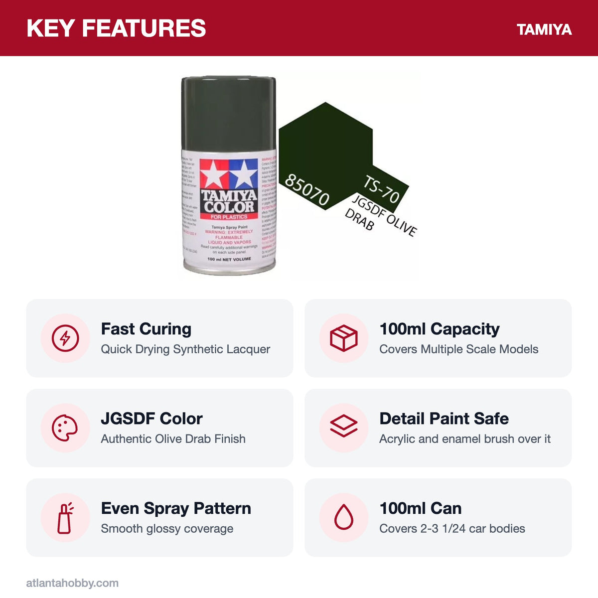 Tamiya TS-70 Olive Drab Lacquer Spray Paint, 100ml key features