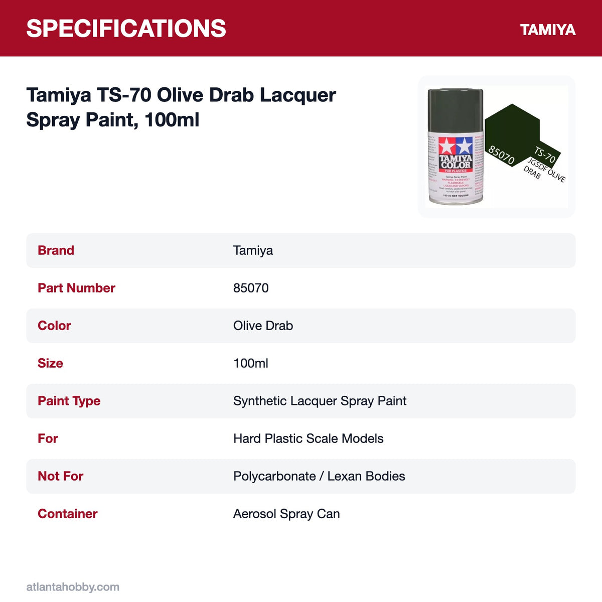 Tamiya TS-70 Olive Drab Lacquer Spray Paint, 100ml specifications