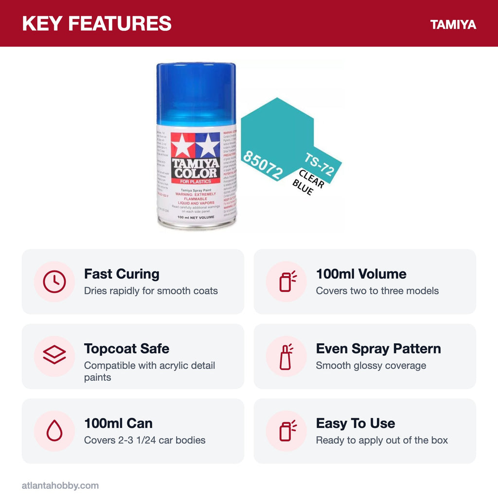 Tamiya TS-72 Clear Blue Lacquer Spray Paint, 100ml key features