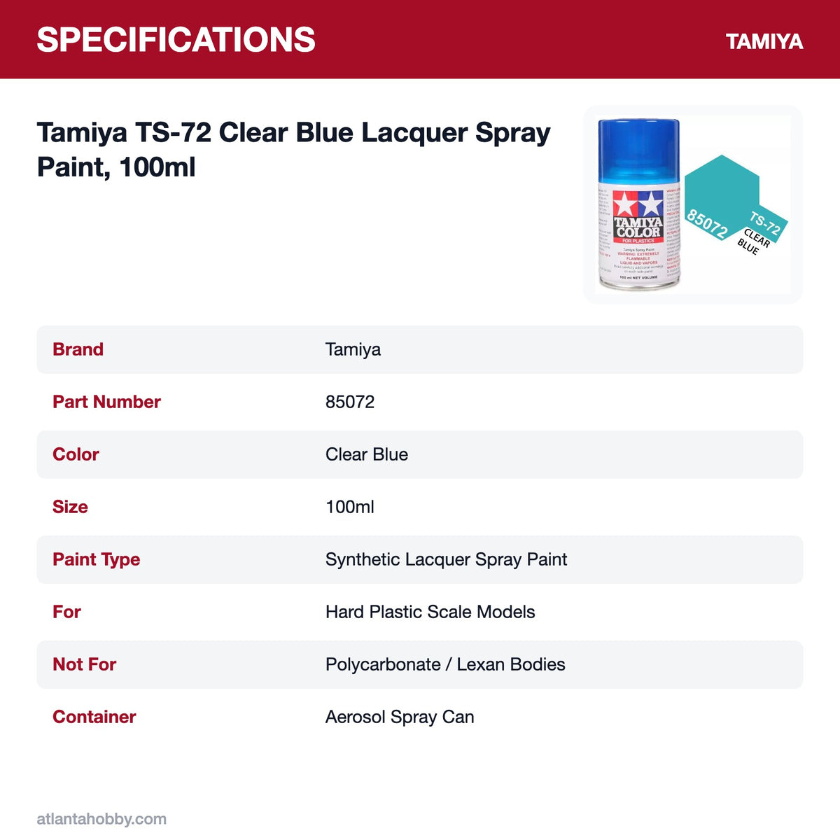 Tamiya TS-72 Clear Blue Lacquer Spray Paint, 100ml specifications